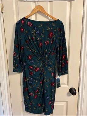 Lauren Ralph Lauren Teal Midi Dress with Red & Purple Floral Print